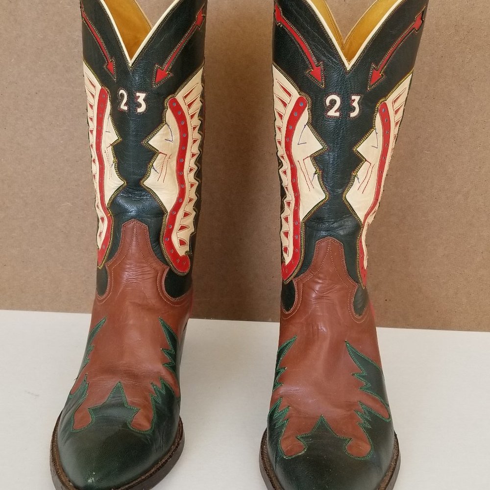 Rocketbuster "Cool Arrows" brown leather green red yellow inlay cowboy boots 9M